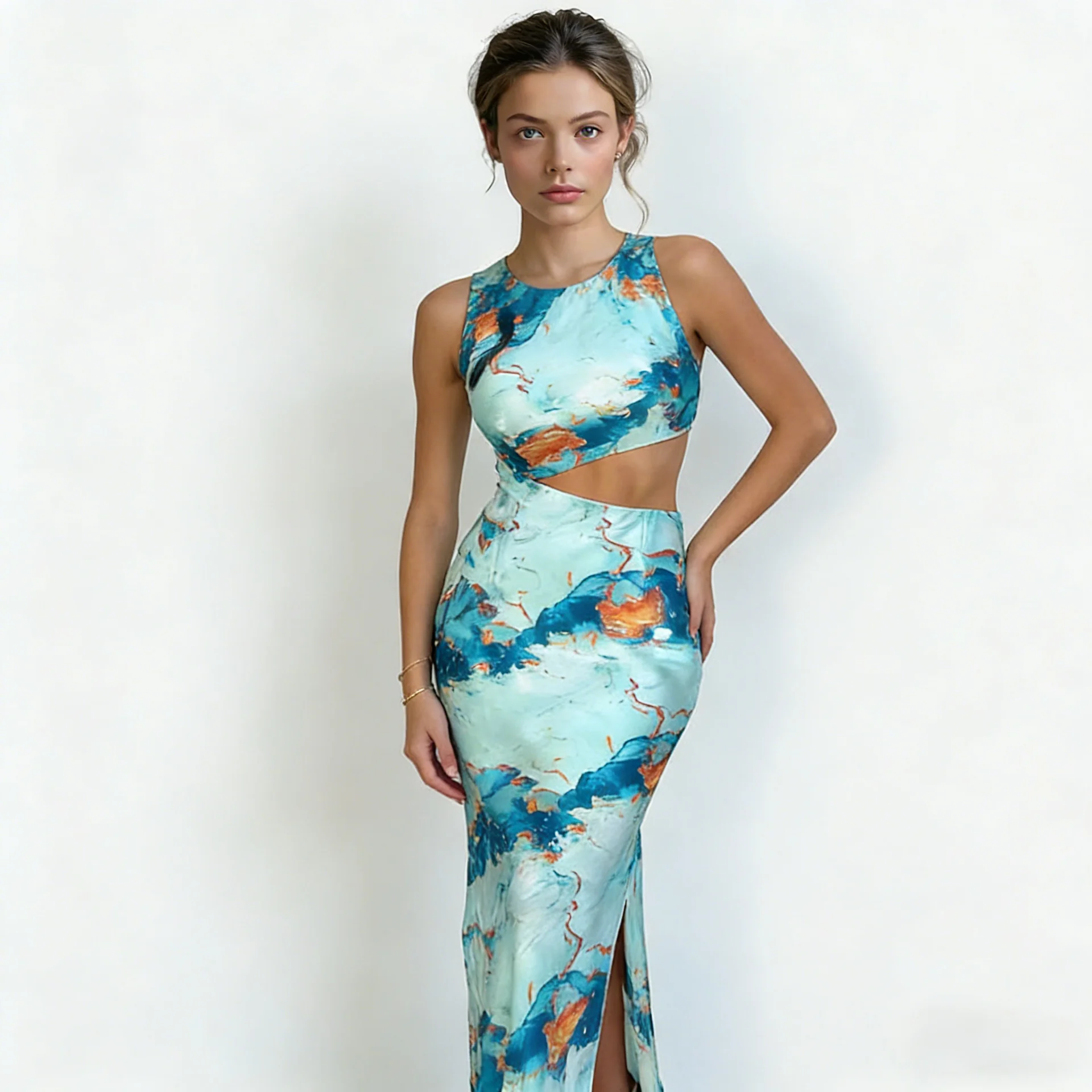 Aqua Marble Print MIDI Dress: Custom Waist Cut Out Design | 50 MOQ - Image 2