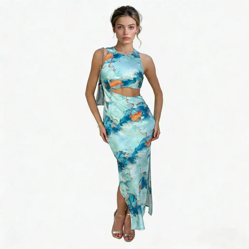 algo bert fashion aqua marble print round neck waist cut out midi dress hero