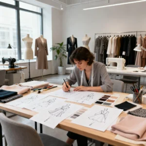 how to start a clothing brand designer with drawings and dummy near the window
