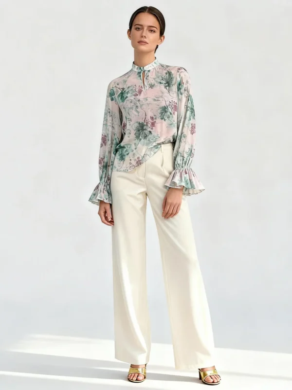 ladies tops wholesaler aideen-frill-sleeve-floral-high-neck-blouse-detail-1