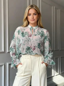 ladies tops wholesaler aideen-frill-sleeve-floral-high-neck-blouse-detail