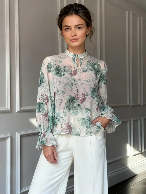 ladies tops wholesaler aideen-frill-sleeve-floral-high-neck-blouse-hero