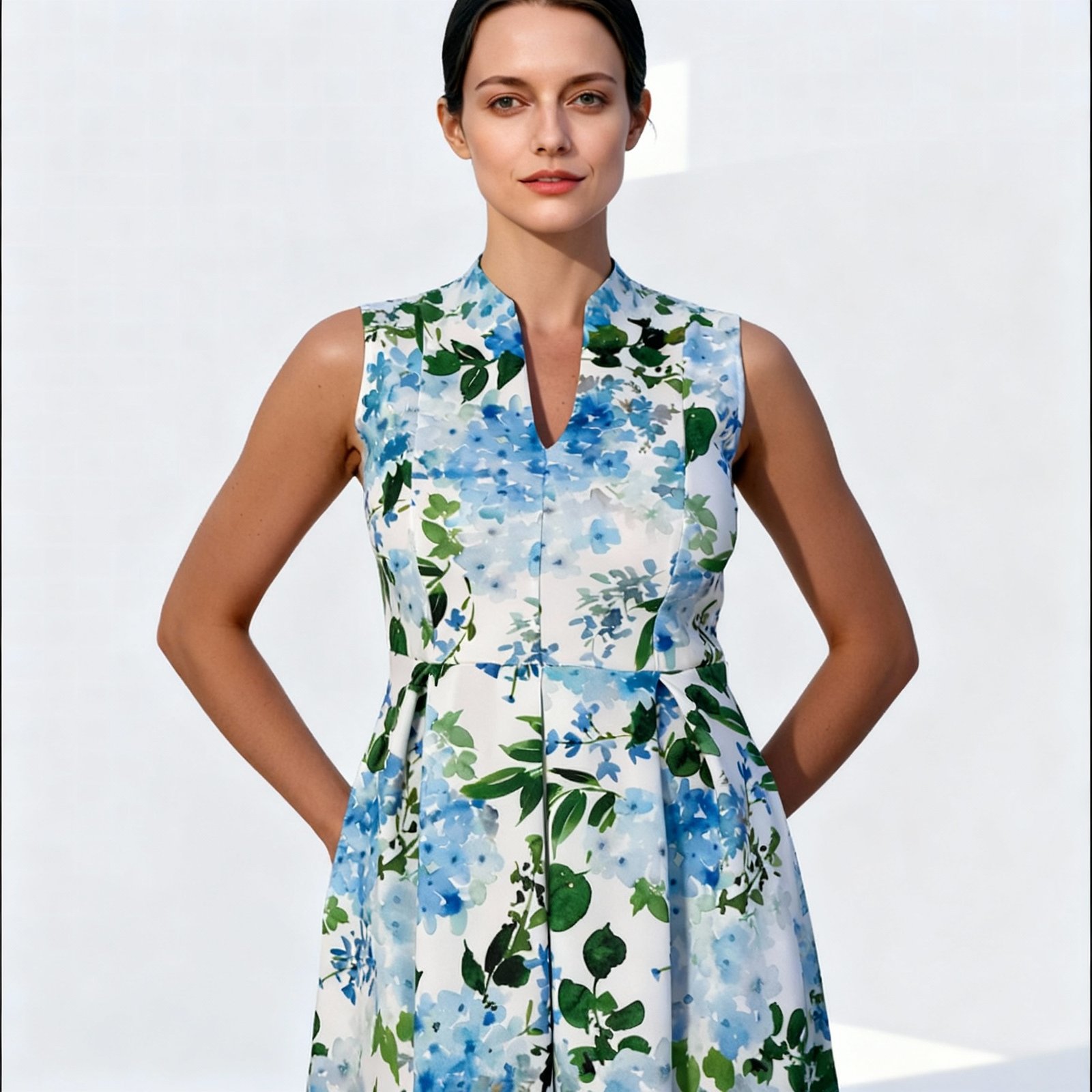 ladies dress manufacturer ameya-notch-neck-sleeveless-midi-dress-blue-floral-detail