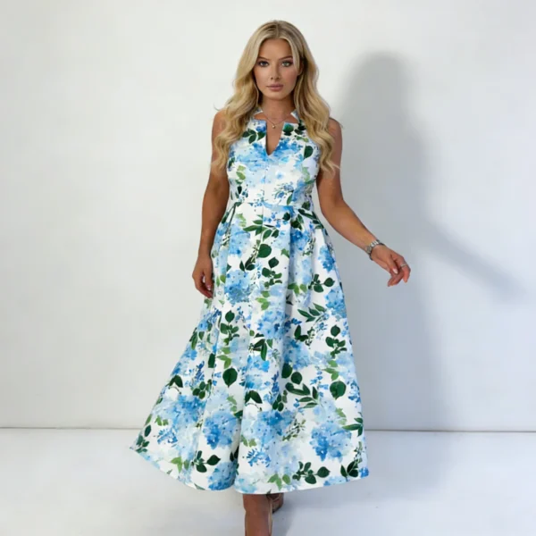 ameya-notch-neck-sleeveless-midi-dress-blue-floral-hero ladies dress manufacturer