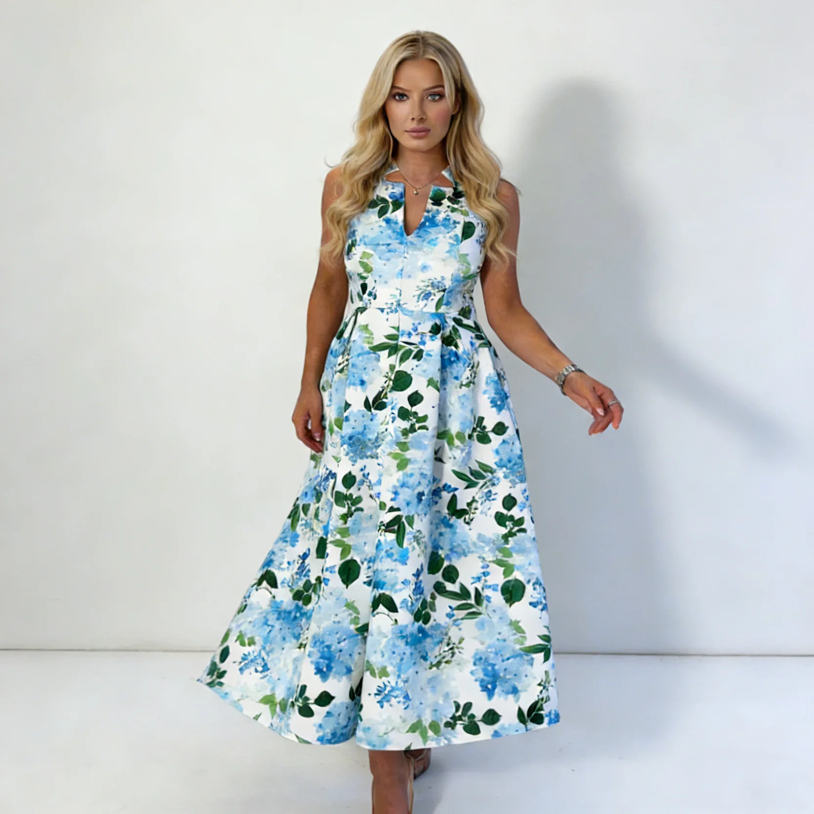 ameya-notch-neck-sleeveless-midi-dress-blue-floral-hero ladies dress manufacturer