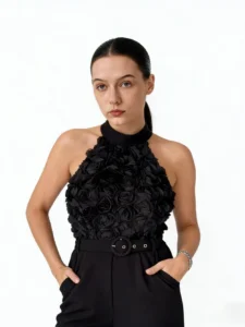 casual wear manufacturers amren-3d-floral-halter-neck-jumpsuit-black-detail
