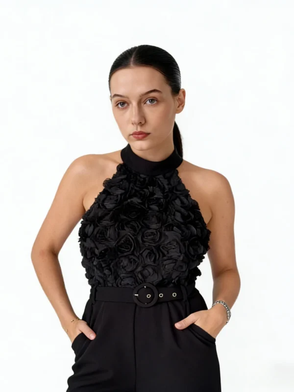 casual wear manufacturers amren-3d-floral-halter-neck-jumpsuit-black-detail