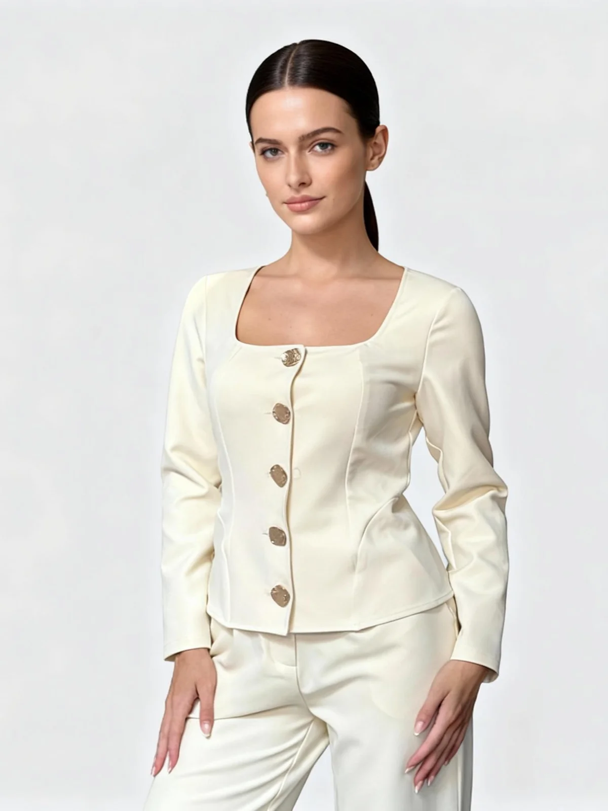 ladies tops wholesaler archer-square-neck-long-sleeve-jacket-cream-detail