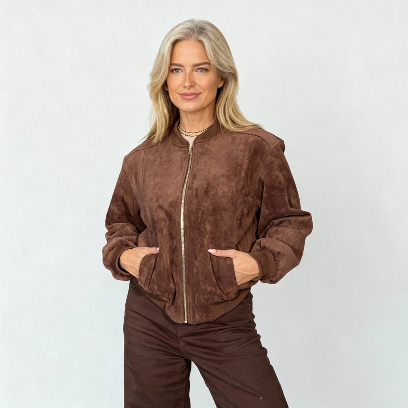 Bomber Jacket Manufacturer China arwen-suedette-classic-bomber-jacket-brown-detail.