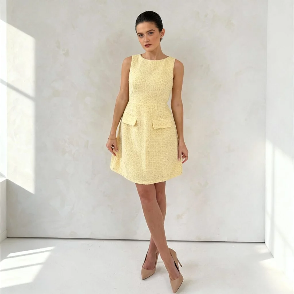 ladies dress manufacturer athenia-tweed-pocket-detail-mini-dress-yellow-hero