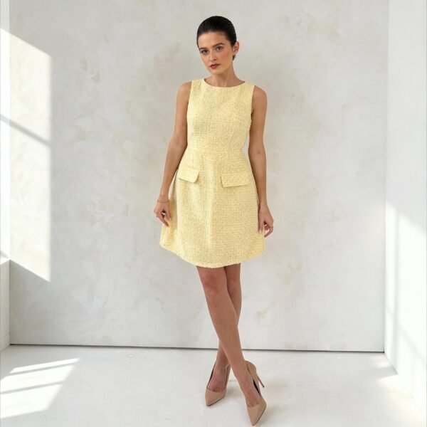 ladies dress manufacturer athenia-tweed-pocket-detail-mini-dress-yellow-hero