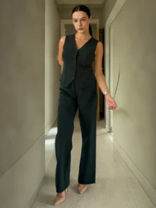 ladies tops wholesaler bobbi-tailored-waistcoat-emerald-green-detail