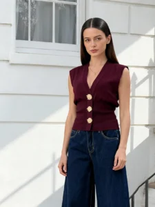 knitwear manufacturer China cao-structured-sleeveless-waistcoat-plum-detail