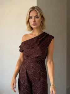 jumpsuit manufacturer China donna-asymmetric-neckline-jumpsuit-brown-spot-detail-1