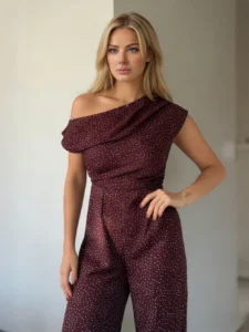 jumpsuit manufacturer China donna-asymmetric-neckline-jumpsuit-brown-spot-detail
