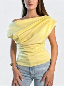 ladies tops wholesaler donna-asymmetric-top-yellow-detail-1