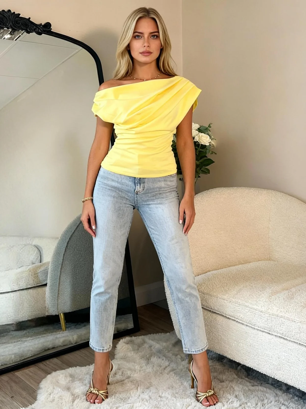 ladies tops wholesaler donna-asymmetric-top-yellow-detail