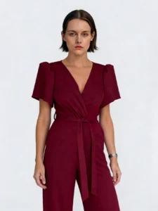 jumpsuit manufacturer China drew-wrap-neck-puff-sleeve-jumpsuit-berry-detail-2