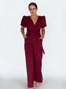 jumpsuit manufacturer China drew-wrap-neck-puff-sleeve-jumpsuit-berry-detail-3