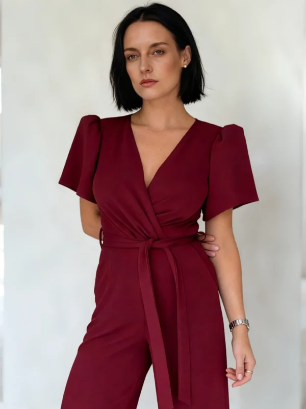 jumpsuit manufacturer China drew-wrap-neck-puff-sleeve-jumpsuit-berry-detail.