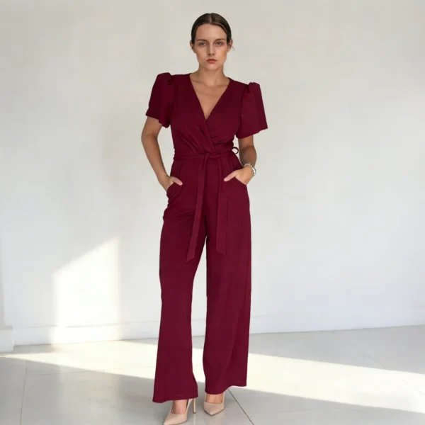 jumpsuit manufacturer China drew-wrap-neck-puff-sleeve-jumpsuit-berry-hero