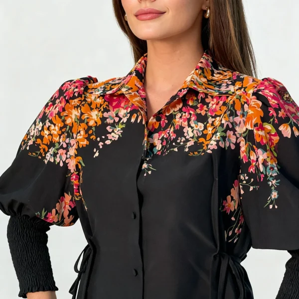 ladies tops wholesaler fie-shirred-sleeve-tie-side-shirt-black-floral-detail