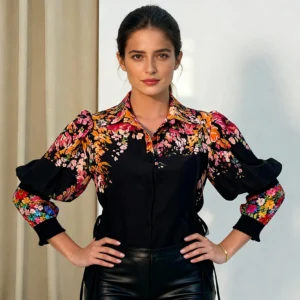 ladies tops wholesaler fie-shirred-sleeve-tie-side-shirt-black-floral-detail