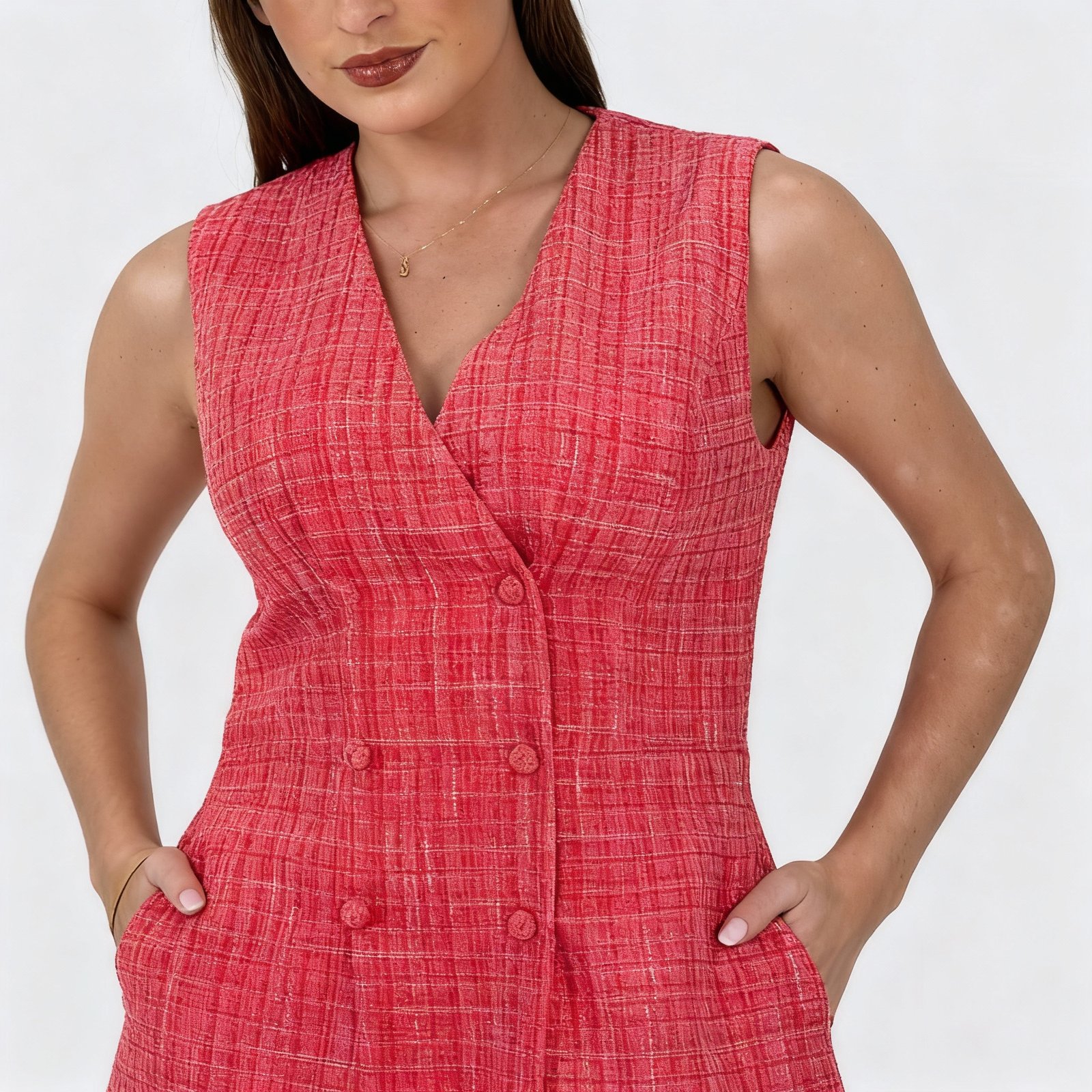 ladies dress manufacturer hazel-boucle-tailored-mini-dress-pink-detail