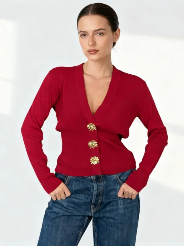 knitwear manufacturer China ione-statement-button-v-neck-cardigan-deep-red-detail