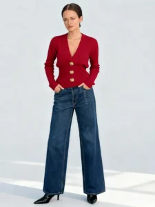 knitwear manufacturer China ione-statement-button-v-neck-cardigan-deep-red-hero