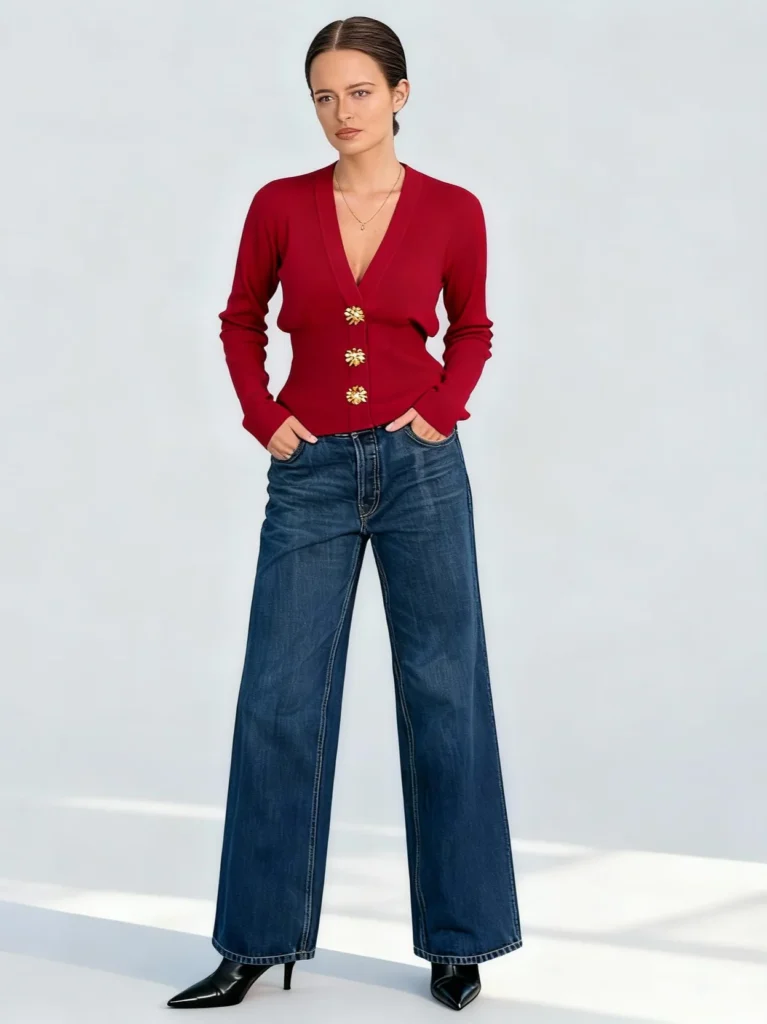 fabricante de malhas China ione-statement-button-v-neck-cardigan-deep-red-hero
