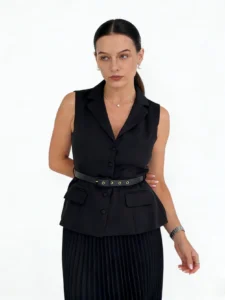 ladies tops wholesaler jacqueline-belted-longline-waistcoat-black-detail-1-2
