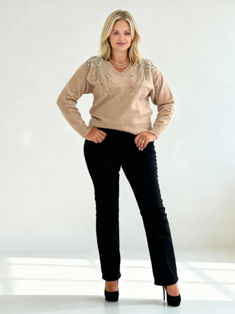Camisola de malha camel sia-camel-knit-with-pearl-sequin-wing-wing-detail-jumper-hero