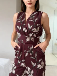 jumpsuit manufacturer China sinead-sleeveless-v-neck-floral-print-burgundy-jumpsuit-detail-1