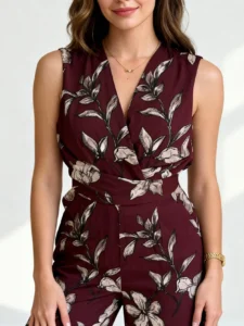 jumpsuit manufacturer China sinead-sleeveless-v-neck-floral-print-burgundy-jumpsuit-detail