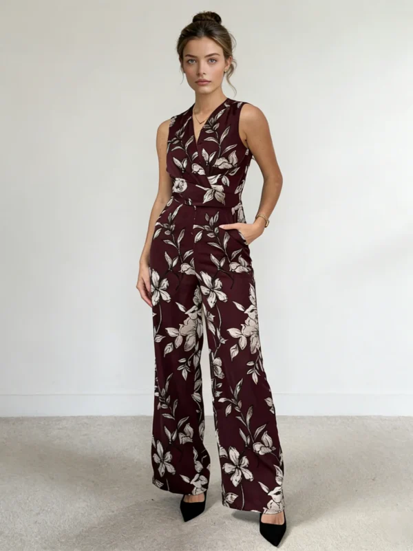 jumpsuit manufacturer China sinead-sleeveless-v-neck-floral-print-burgundy-jumpsuit-hero