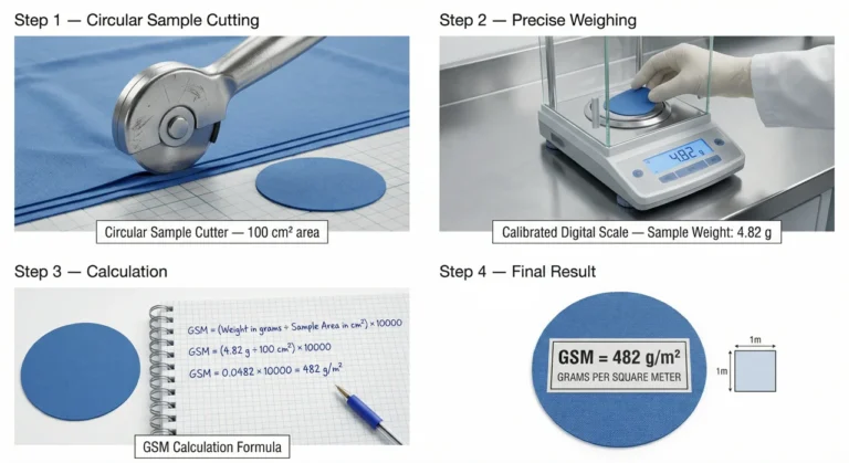 Fabric GSM measurement process diagram showing circular sample cutting and gram-per-square-meter calculation