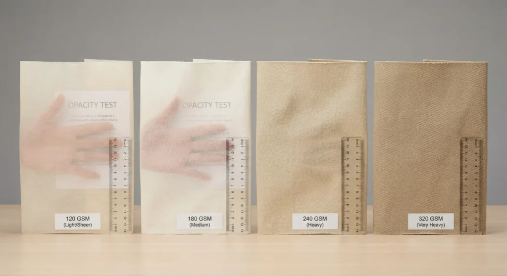 Fabric weight comparison showing thickness and opacity at different GSM levels from 120 to 320