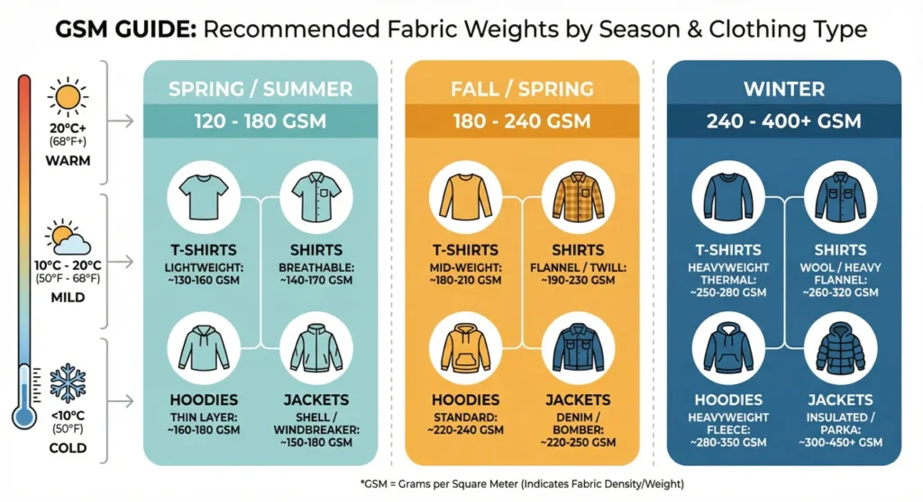 Seasonal fabric GSM guide infographic showing recommended fabric GSM weights for different clothing types