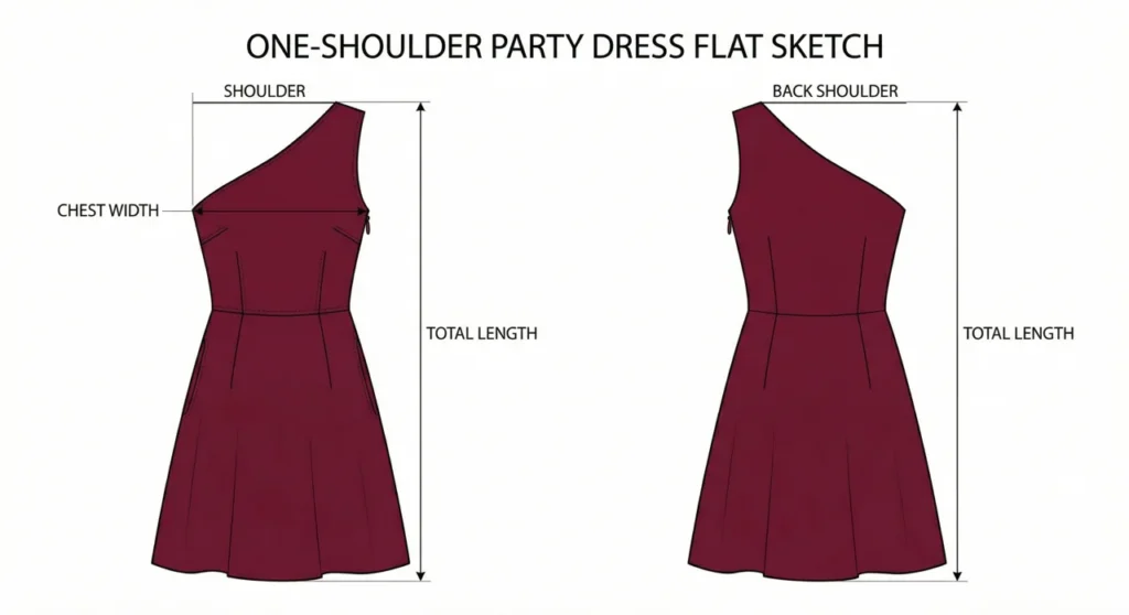 Algo Bert Fashion Clothing tech pack flat sketch example showing front and back views of a shirt with measurement callouts and construction annotations
