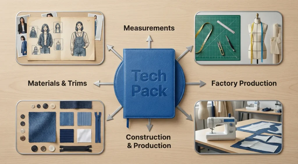 Algo Bert Fashion Clothing tech pack overview diagram showing how the technical package connects design concepts to factory production and finished garments