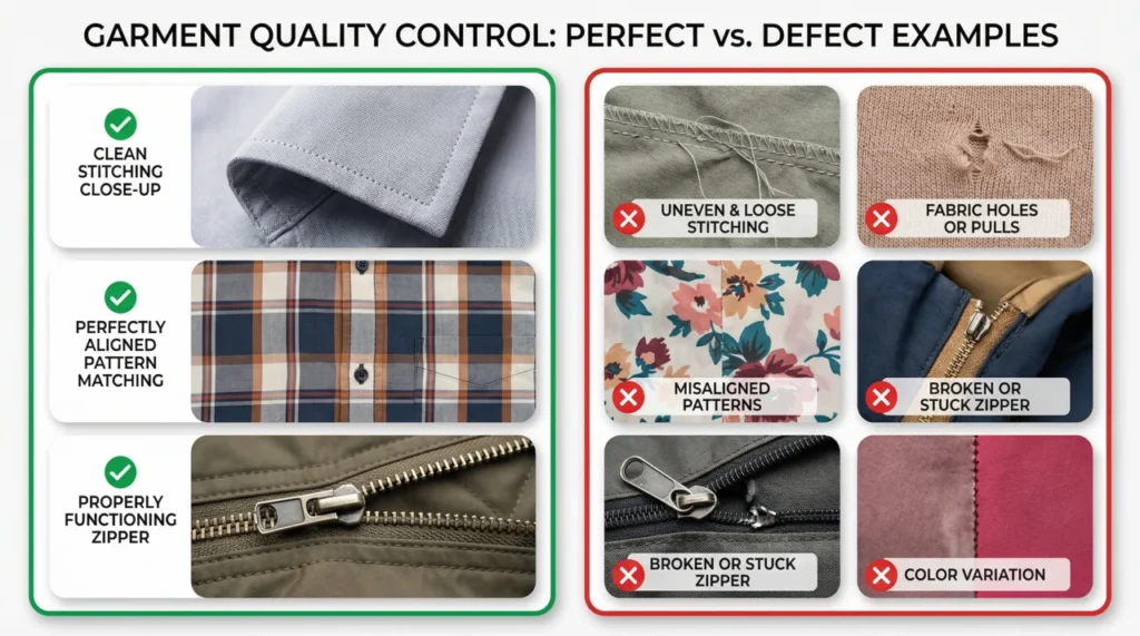 AlgoBert Fashion Common clothing manufacturing defects comparison showing quality issues versus acceptable standards