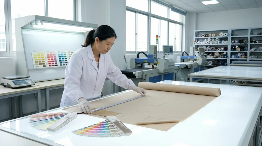 AlgoBert Fashion Pre-production quality inspection of fabric rolls with color matching and weight verification in clothing factory