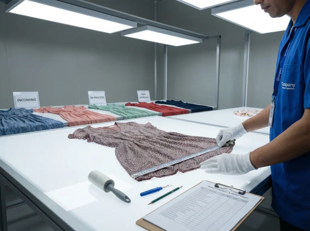 AlgoBert Fashion Quality control inspector examining clothing with measuring tape and checklist during manufacturing inspection