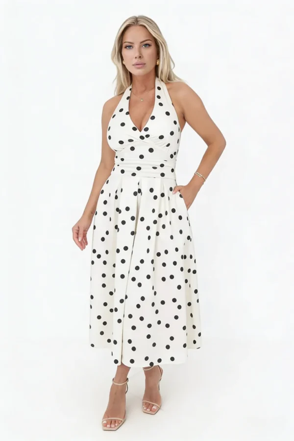 Algo Bert Fashion china clothing manufacturing Vestido midi com decote halter de bolinhas preto e creme