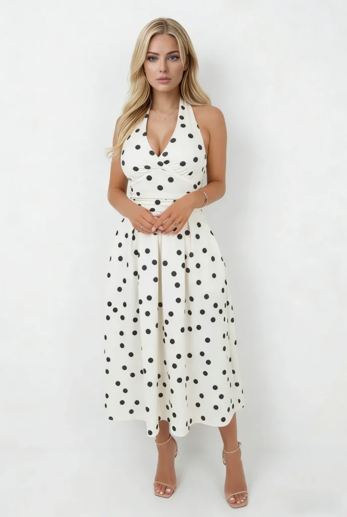Algo Bert Fashion china clothing manufacturing Cream And Black Polka Dot Tie Halter Neck Midi Dress