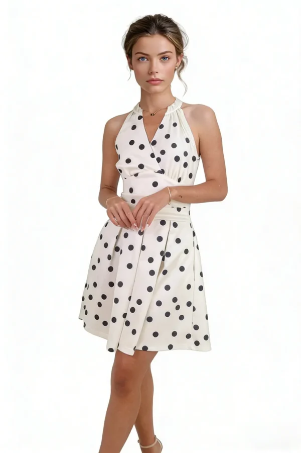 Algo Bert Fashion Clothing Fabricante em Guangzhou China Creme e Preto Polka Dot Tie Halter Neck Mini Dress