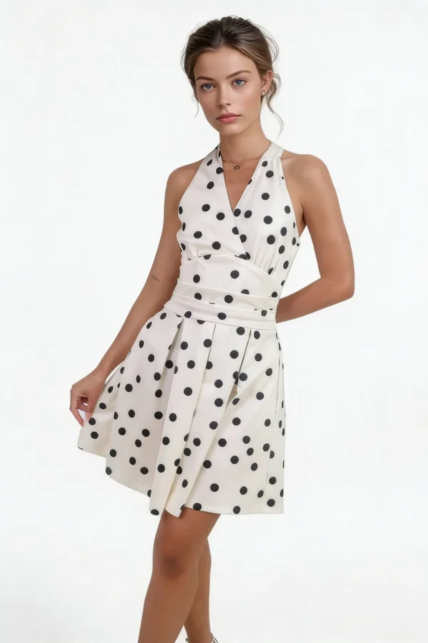 Algo Bert Fashion Clothing Fabricante em Guangzhou China Creme e Preto Polka Dot Tie Halter Neck Mini Dress