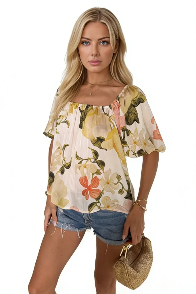 Algo Bert Fashion Custom Apparel Manufacturer women's floral print top — cream puff sleeve blouse with scoop neck for summer