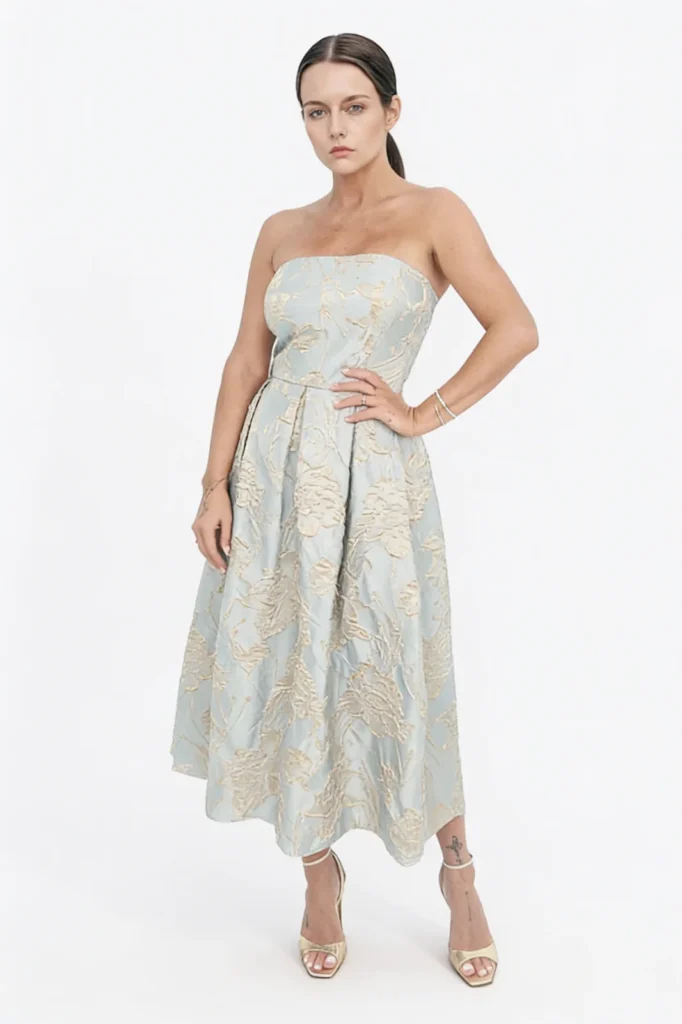 Algo Bert Fashion Wholesale robes d'été tissu jacquard gros plan - motifs floraux dorés tissés sur jacquard de polyester bleu œuf de canard